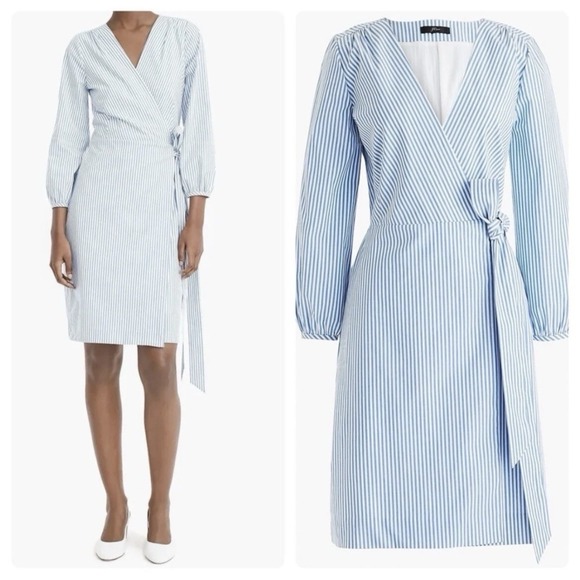 J.CREW Dresses & Skirts - NWT J. Crew Wrap Dress Women's Size 4 Striped Cotton Poplin Blue White Lined